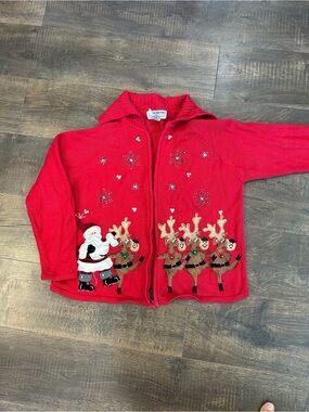 Heirloom Collectibles 2004 Christmas Santa Reindeer Zip Sweater Red L AS IS